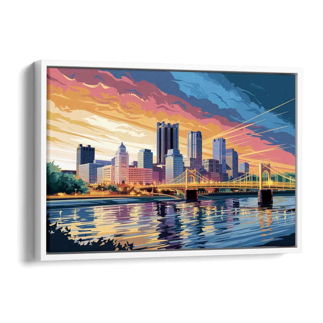 Pittsburgh Skyline At Sunset Side - White Canvas Wall Art
