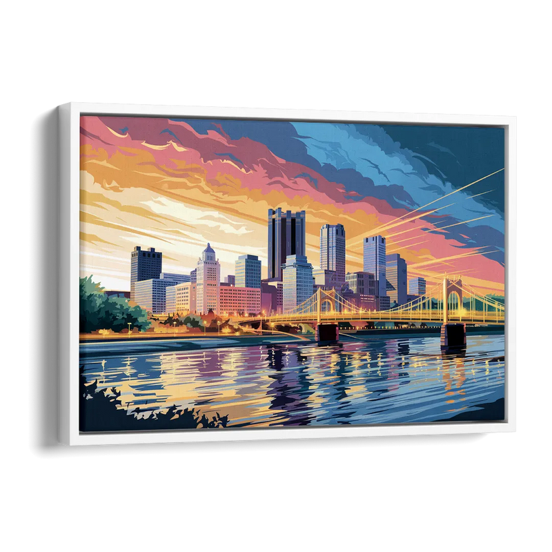 Pittsburgh Skyline At Sunset Side - White Canvas Wall Art