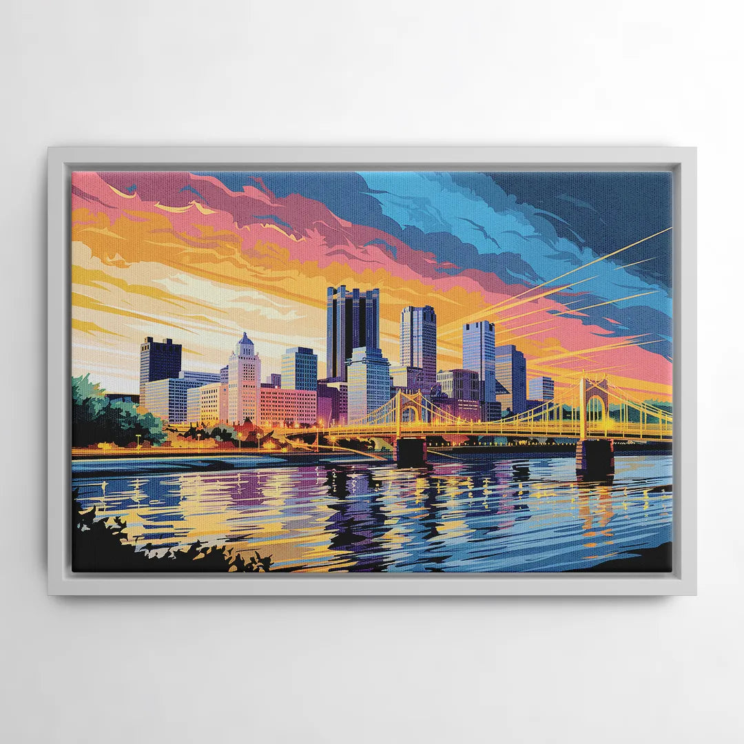 Pittsburgh Skyline At Sunset - White Frame Canvas