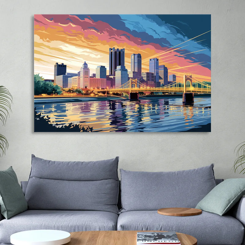Pittsburgh Skyline At Sunset Sitting Room - Canvas Wall Art