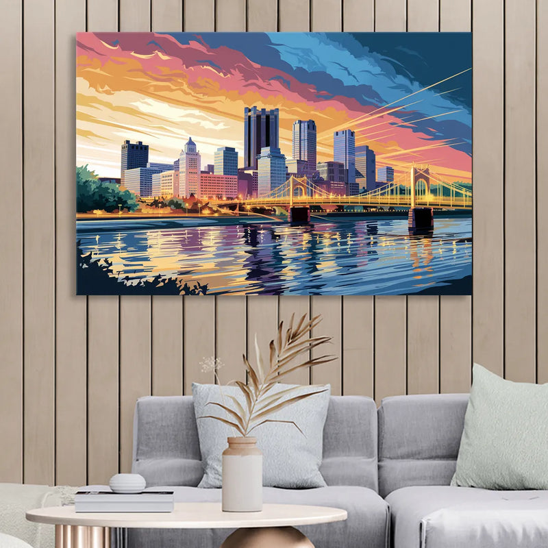 Pittsburgh Skyline At Sunset Living Room - Canvas Wall Art