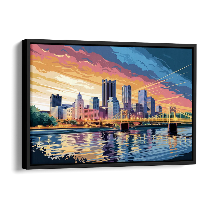Pittsburgh Skyline At Sunset Side - Black Canvas Wall Art