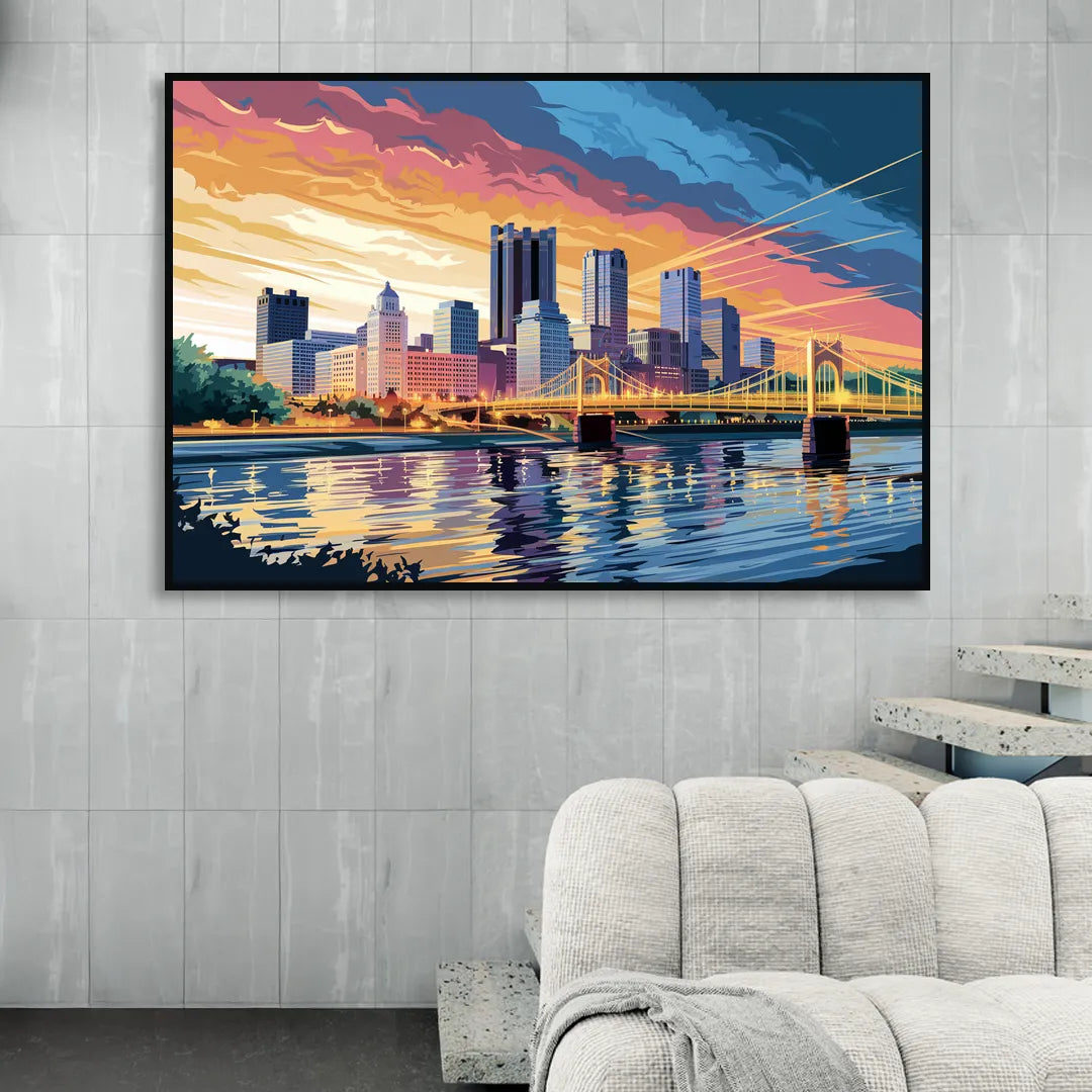 Pittsburgh Skyline At Sunset Living Room - Black Canvas Wall Art