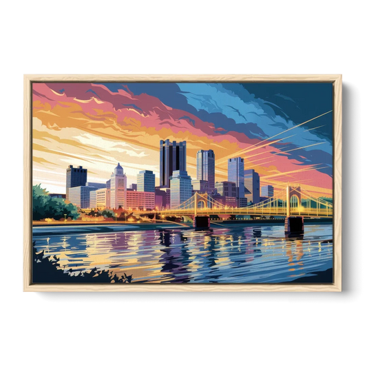 Pittsburgh Skyline At Sunset - Oak Framed Canvas Wall Art - Front