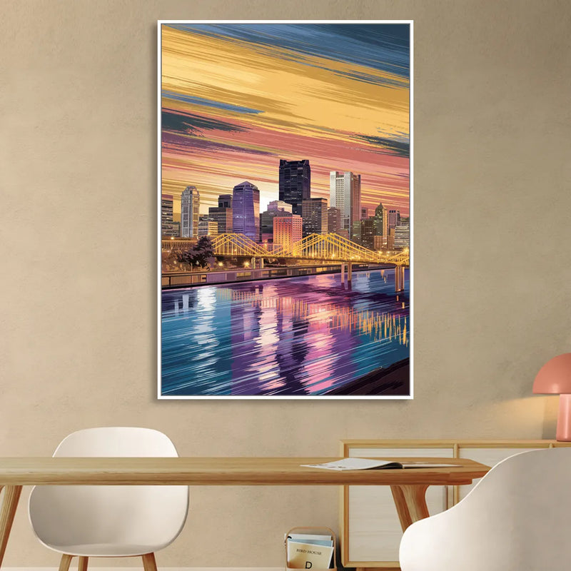 Pittsburgh Skyline Reflection Living Room - White Canvas Wall Art