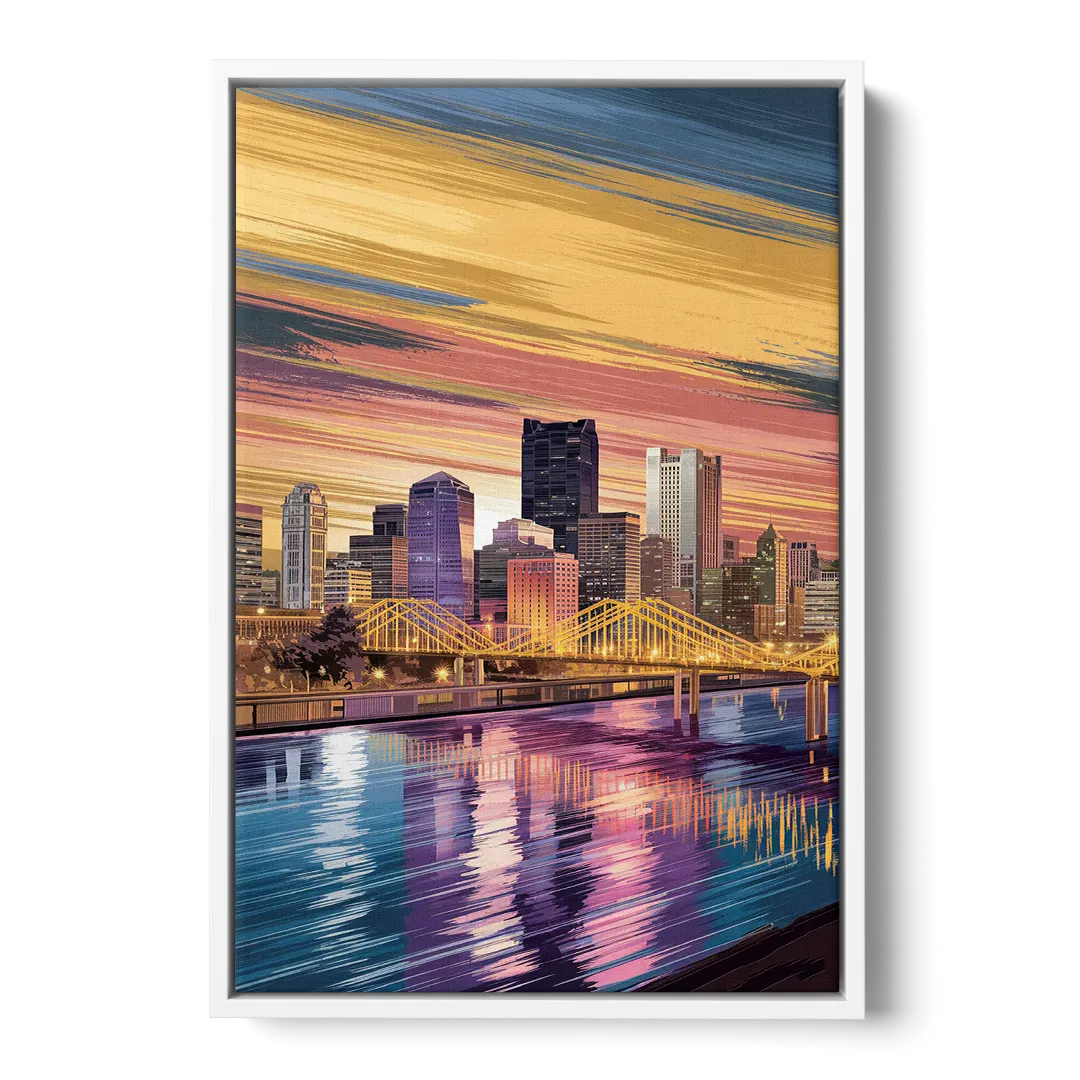 Pittsburgh Skyline Reflection Front - White Canvas Wall Art