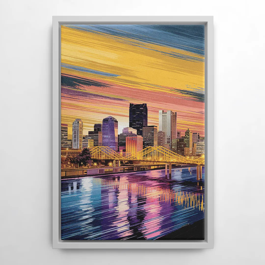 Pittsburgh Skyline Reflection - White Frame Canvas