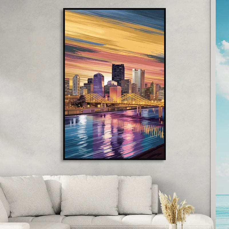 Pittsburgh Skyline Reflection Living Room - Black Canvas Wall Art