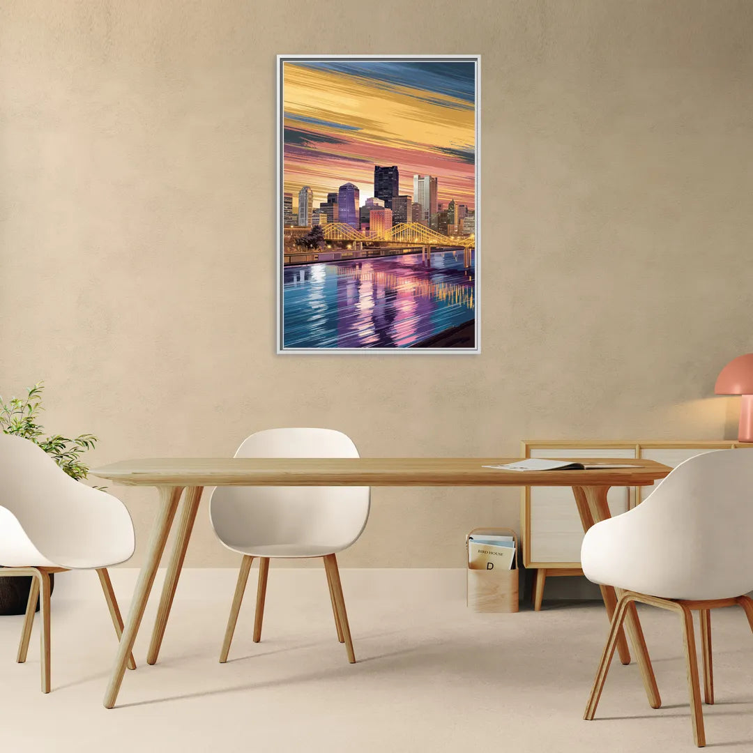 Pittsburgh Skyline Reflection - Living Room White Frame Canvas