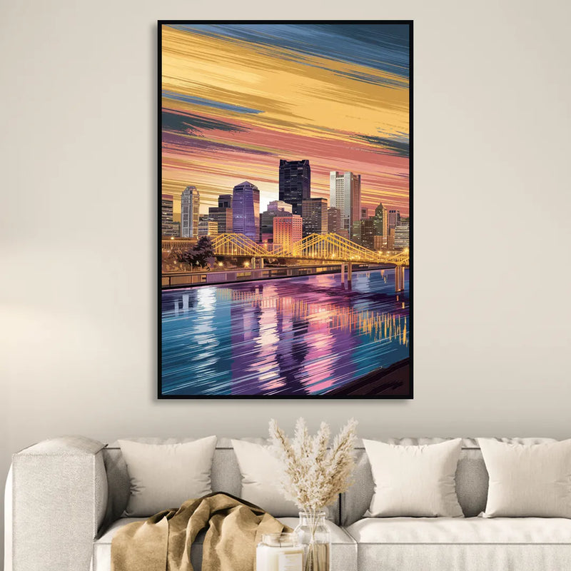 Pittsburgh Skyline Reflection Sitting Room - Black Canvas Wall Art