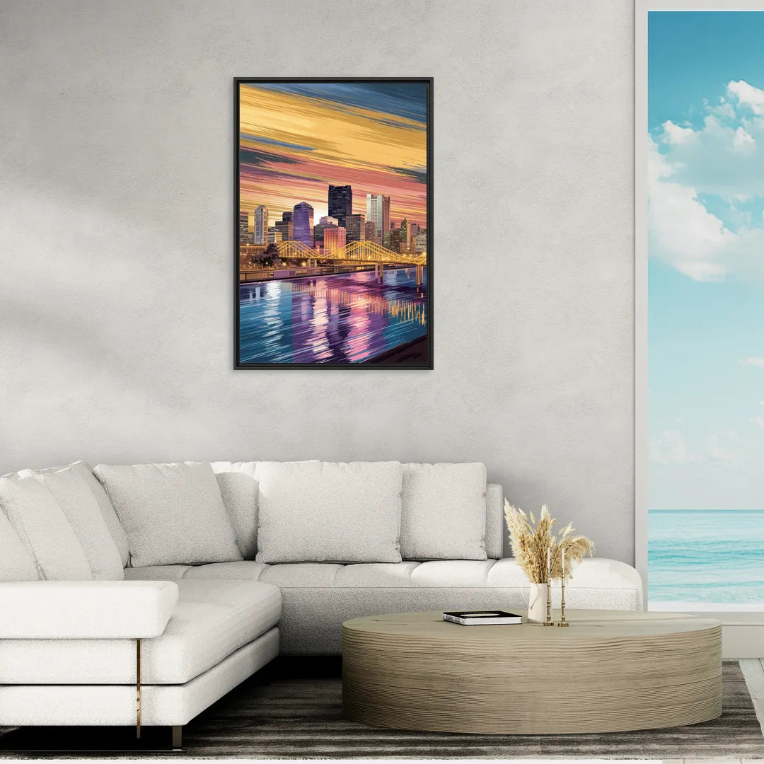 Pittsburgh Skyline Reflection - Living Room Black Frame Canvas