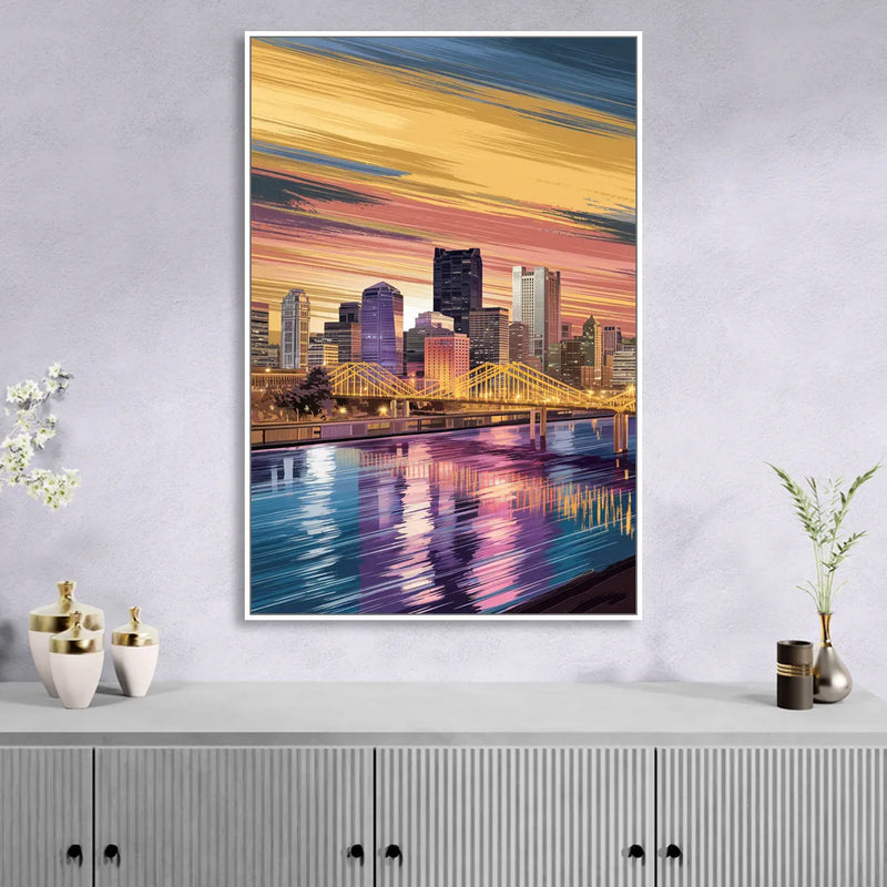 Pittsburgh Skyline Reflection Sitting Room - White Canvas Wall Art