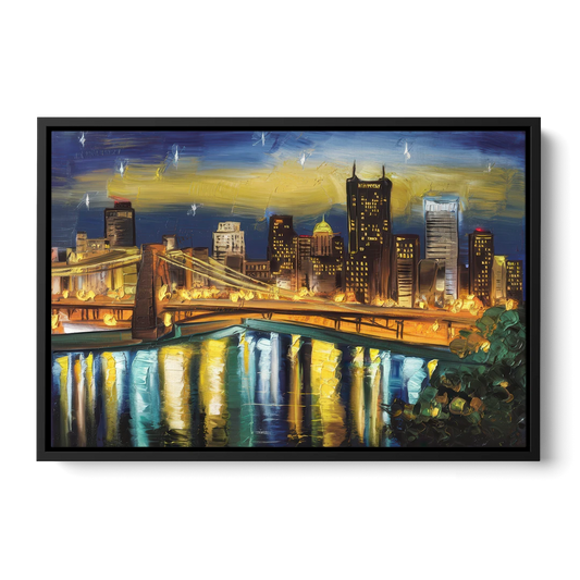 Pittsburgh Skyline With Rivers - Black Framed Canvas Wall Art - Front
