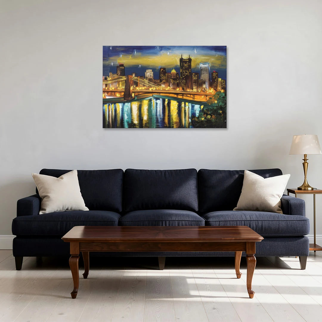 Pittsburgh Skyline With Rivers - Canvas Wall Art - Sofa - 36x24