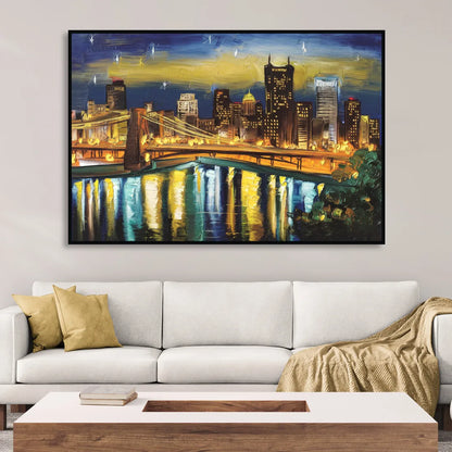 Pittsburgh Skyline With Rivers Living Room - Black Canvas Wall Art