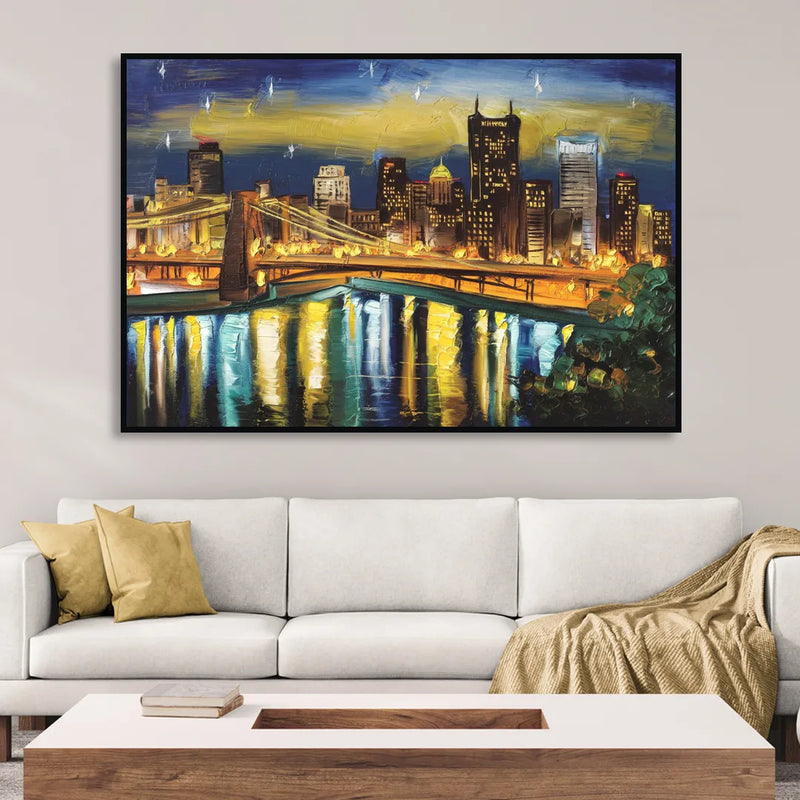 Pittsburgh Skyline With Rivers Living Room - Black Canvas Wall Art