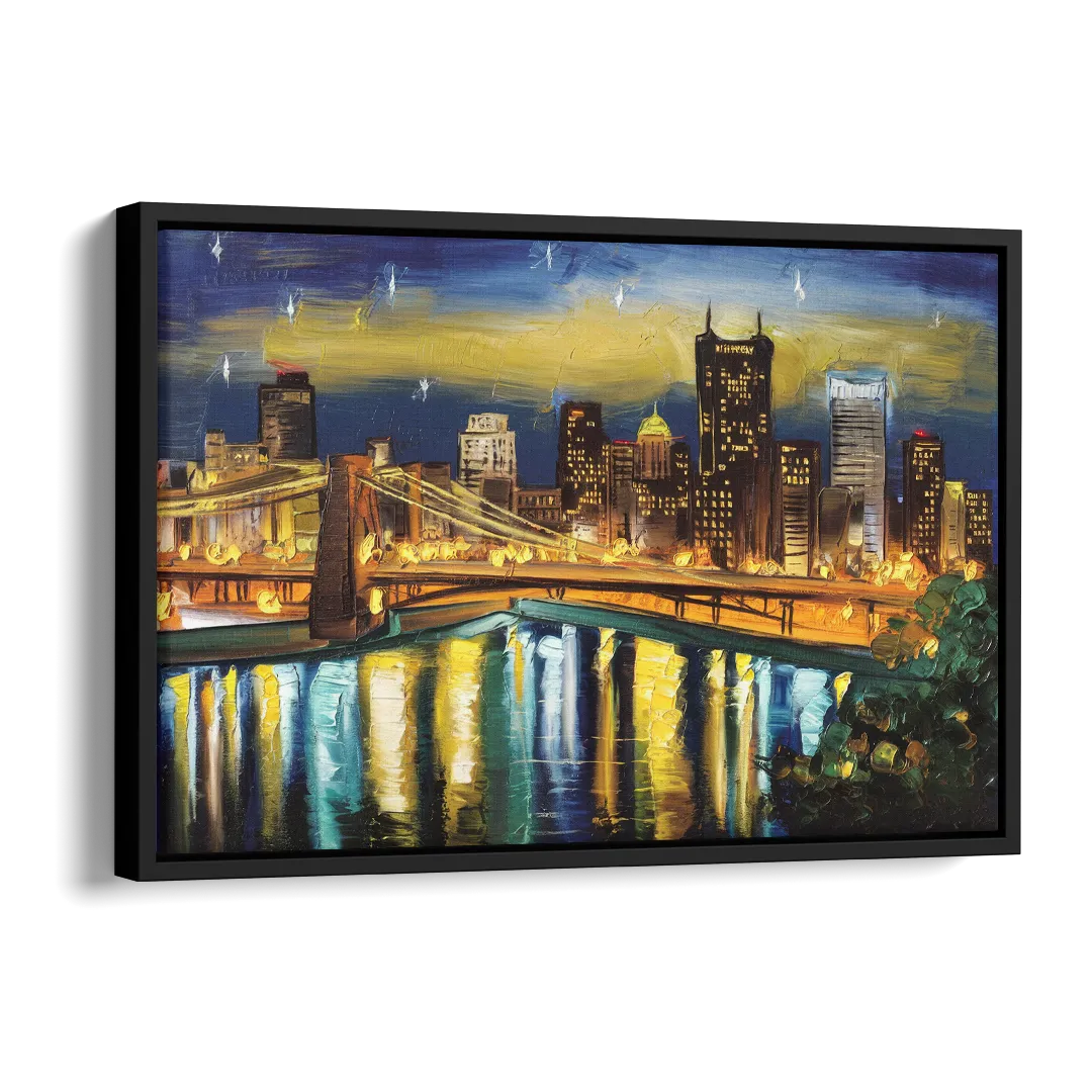Pittsburgh Skyline With Rivers Side - Black Canvas Wall Art