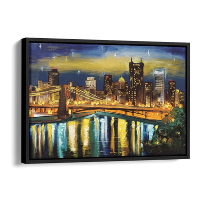Pittsburgh Skyline With Rivers Side - Black Canvas Wall Art