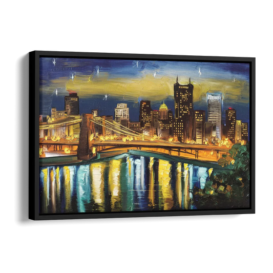 Pittsburgh Skyline With Rivers Side - Black Canvas Wall Art