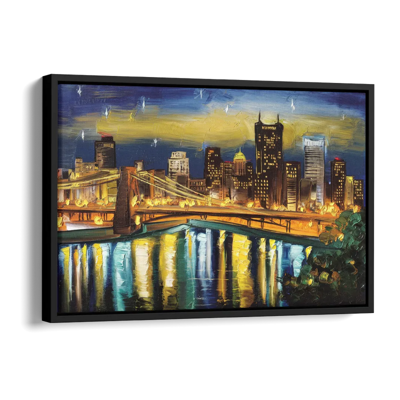 Pittsburgh Skyline With Rivers Side - Black Canvas Wall Art