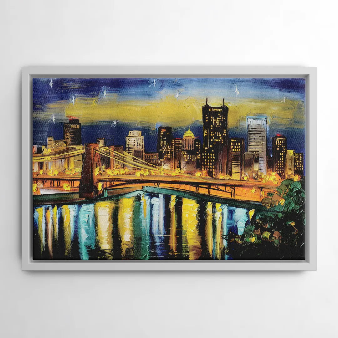 Pittsburgh Skyline With Rivers - White Frame Canvas