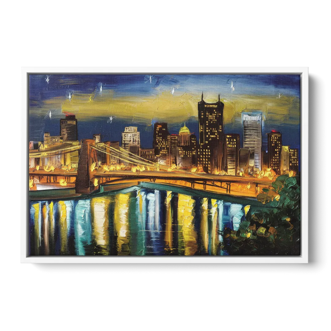 Pittsburgh Skyline With Rivers Front - White Canvas Wall Art