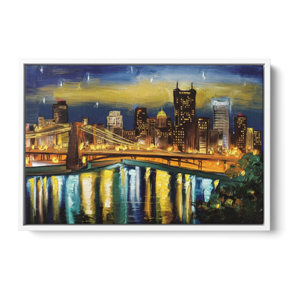 Pittsburgh Skyline With Rivers Front - White Canvas Wall Art