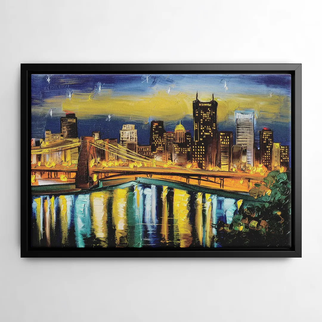 Pittsburgh Skyline With Rivers - Black Frame Canvas