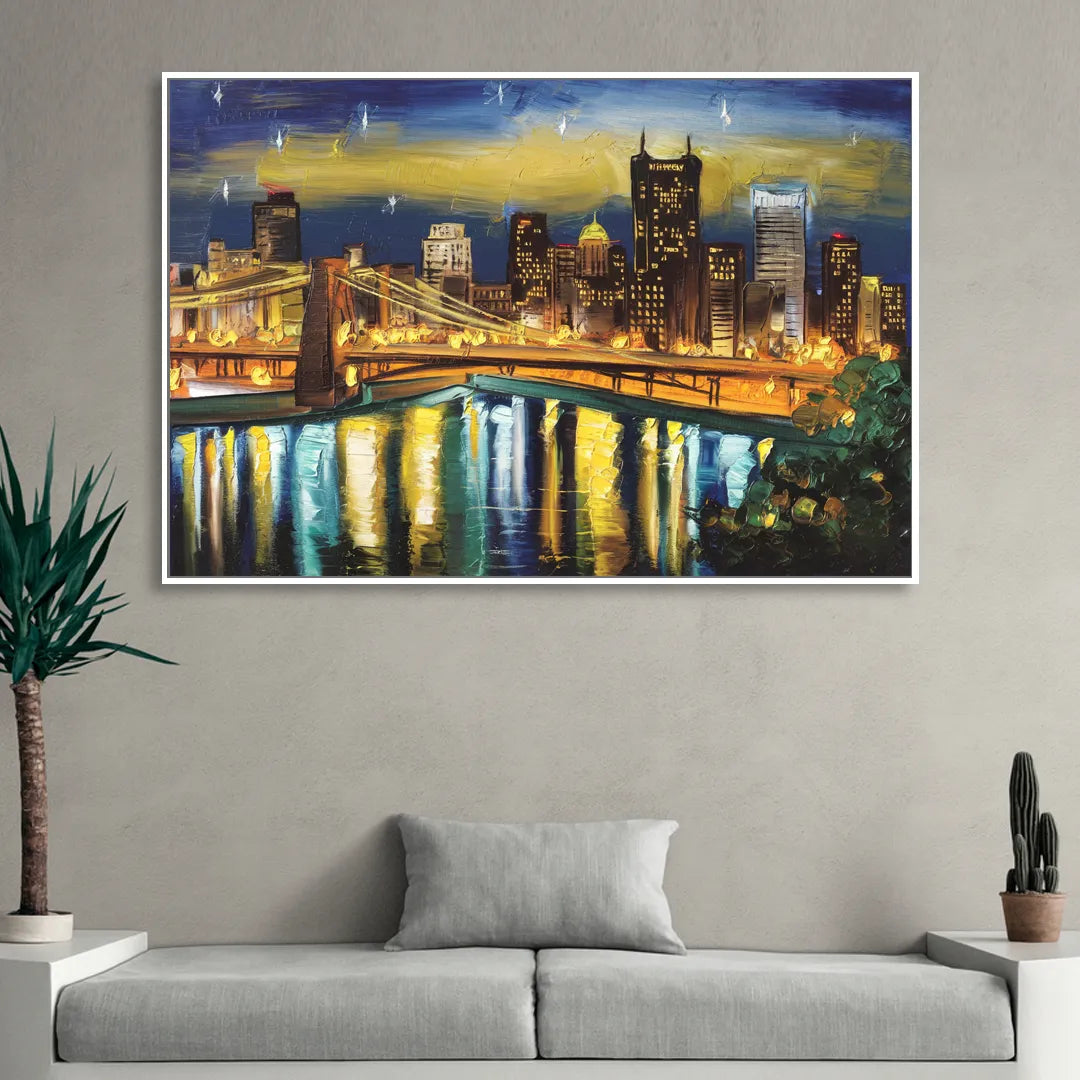 Pittsburgh Skyline With Rivers Living Room - White Canvas Wall Art