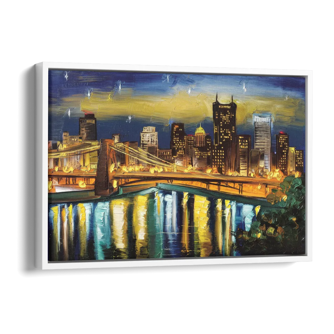 Pittsburgh Skyline With Rivers Side - White Canvas Wall Art