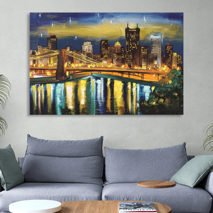 Pittsburgh Skyline With Rivers Living Room - Canvas Wall Art