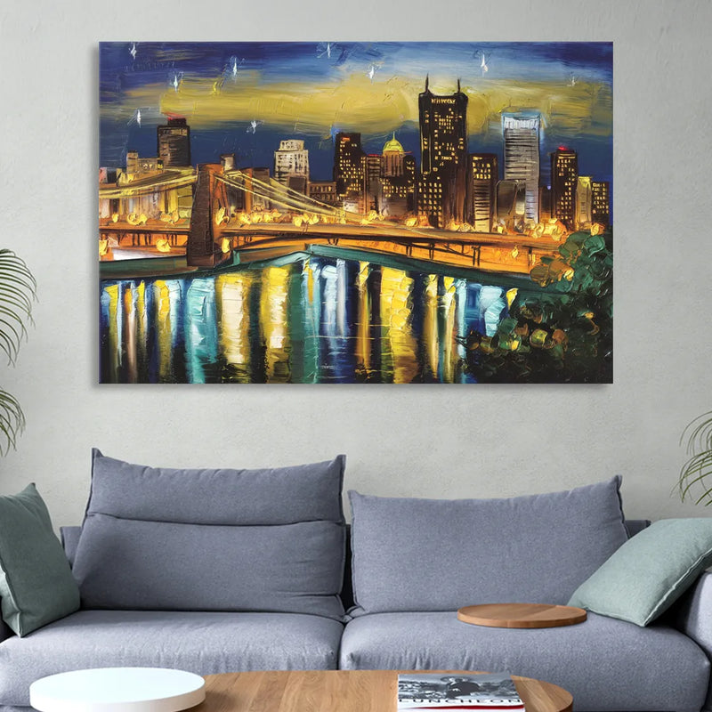 Pittsburgh Skyline With Rivers Living Room - Canvas Wall Art