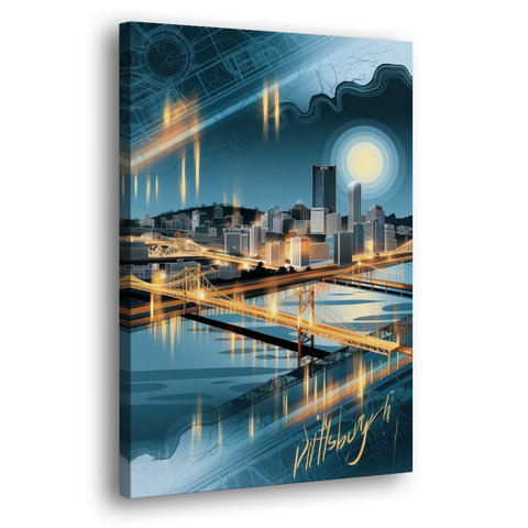 Pittsburgh Skyline and Map - Canvas Wall Art - Side
