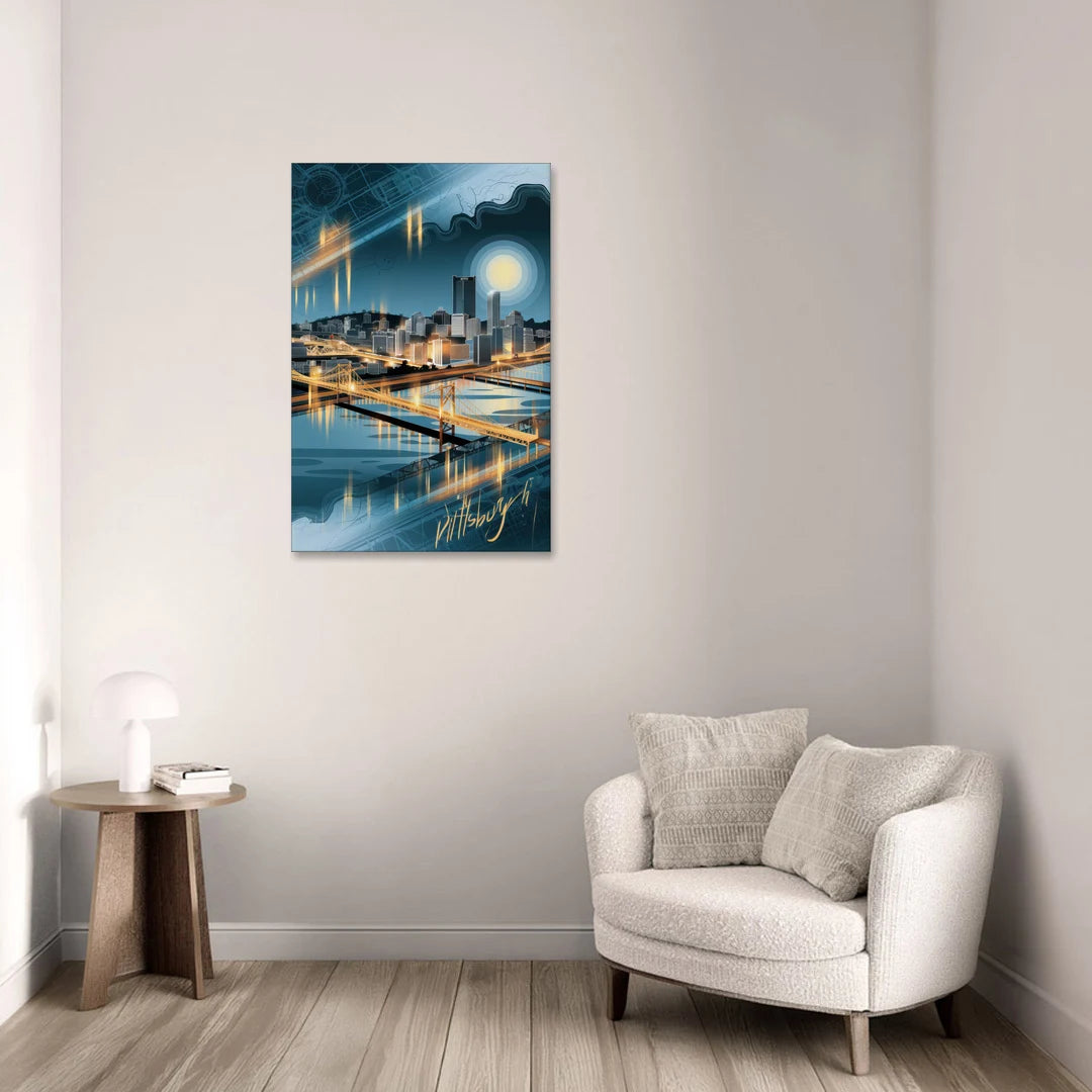 Pittsburgh Skyline and Map - Canvas Wall Art - Sofa - 24x36