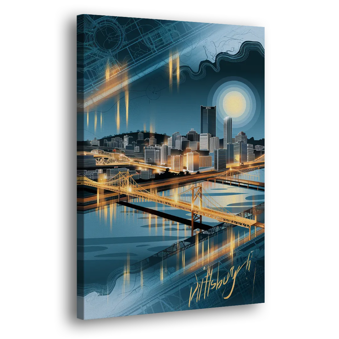 Pittsburgh Skyline and Map Side - Canvas Wall Art