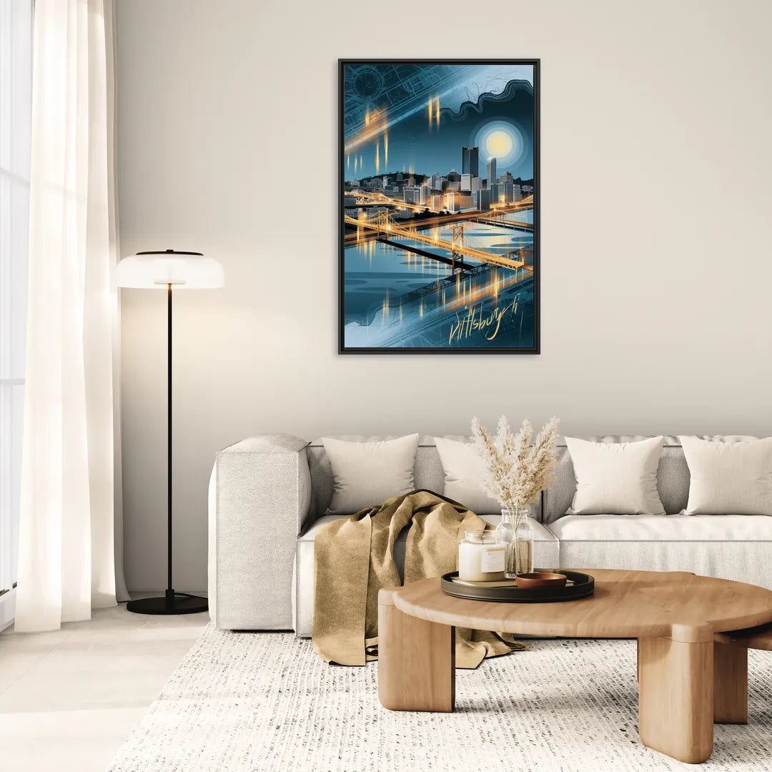 Pittsburgh Skyline and Map - Living Room Black Frame Canvas
