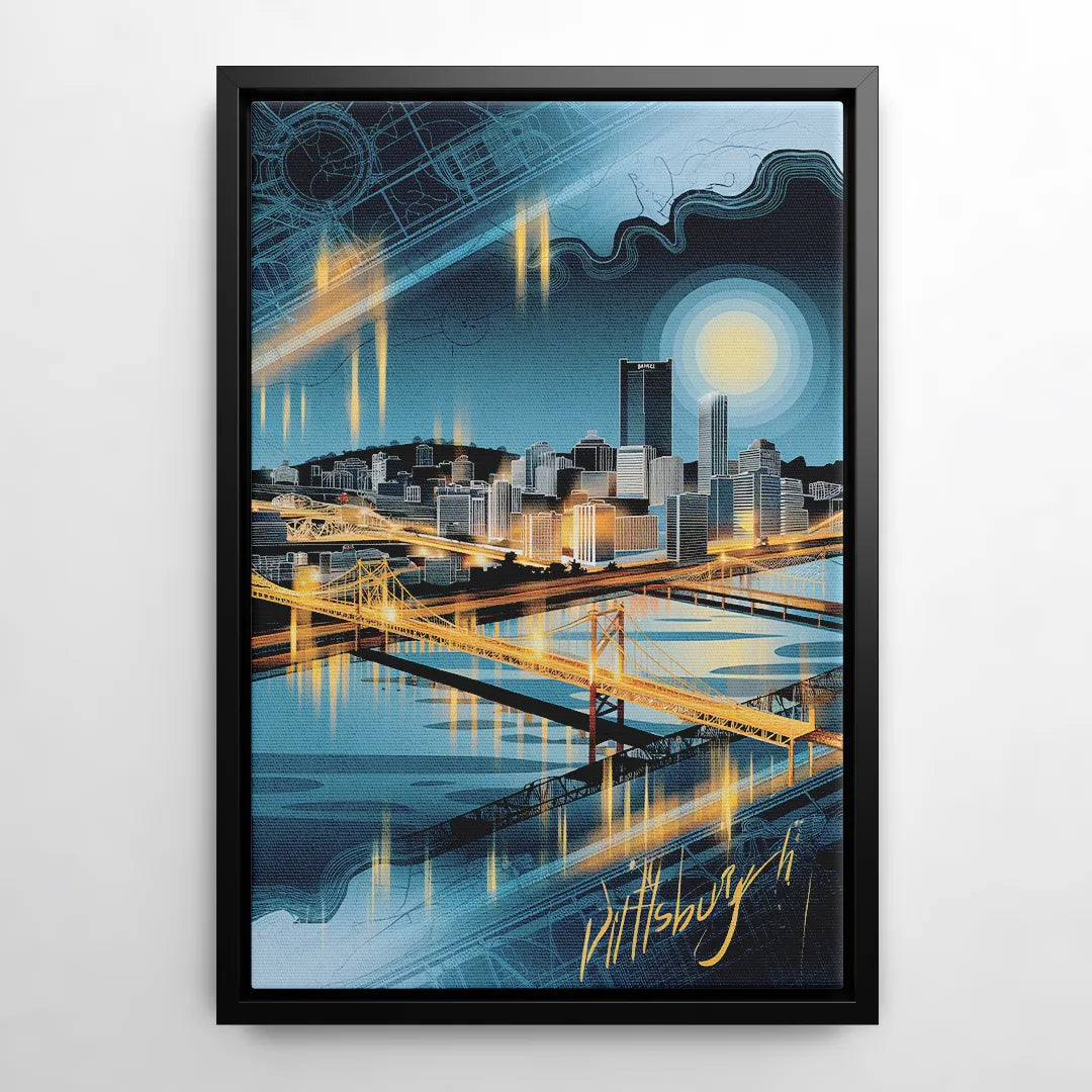 Pittsburgh Skyline and Map - Black Frame Canvas