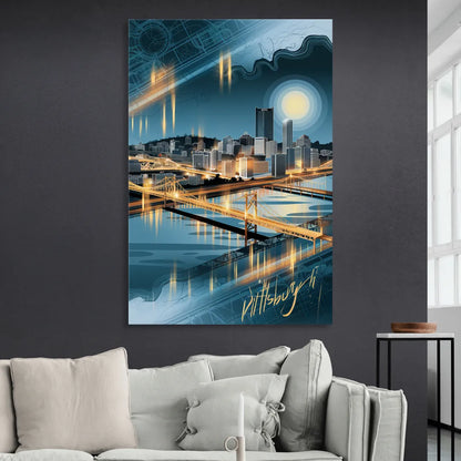 Pittsburgh Skyline and Map Living Room - Canvas Wall Art