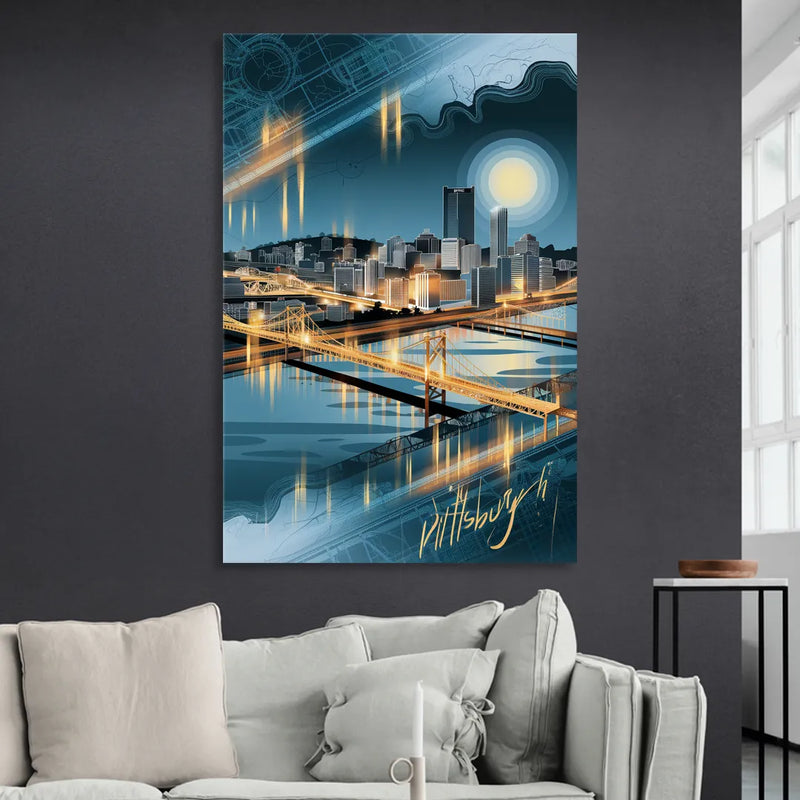 Pittsburgh Skyline and Map Living Room - Canvas Wall Art