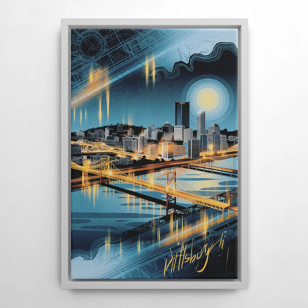 Pittsburgh Skyline and Map - White Frame Canvas