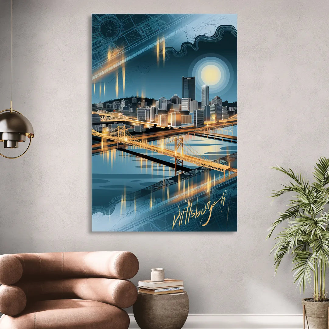 Pittsburgh Skyline and Map Sitting Room - Canvas Wall Art