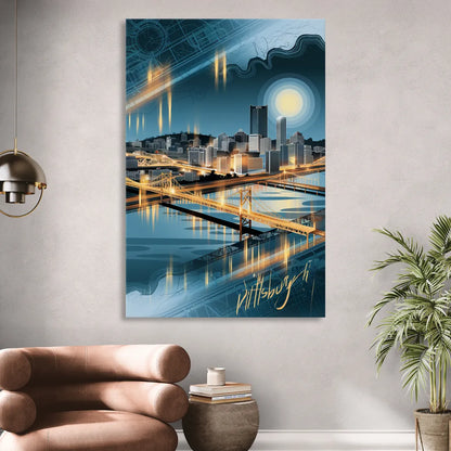 Pittsburgh Skyline and Map Sitting Room - Canvas Wall Art