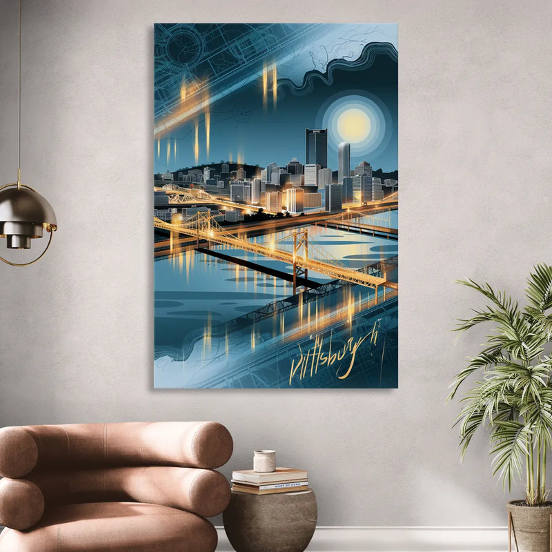 Pittsburgh Skyline and Map Sitting Room - Canvas Wall Art
