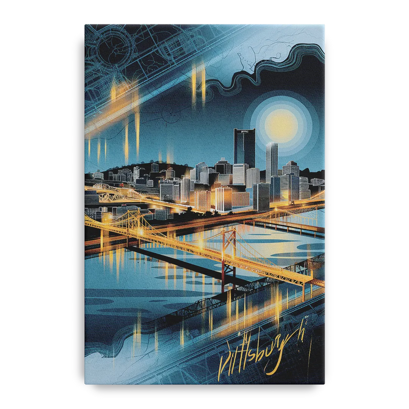 Pittsburgh Skyline and Map Front - Canvas Wall Art