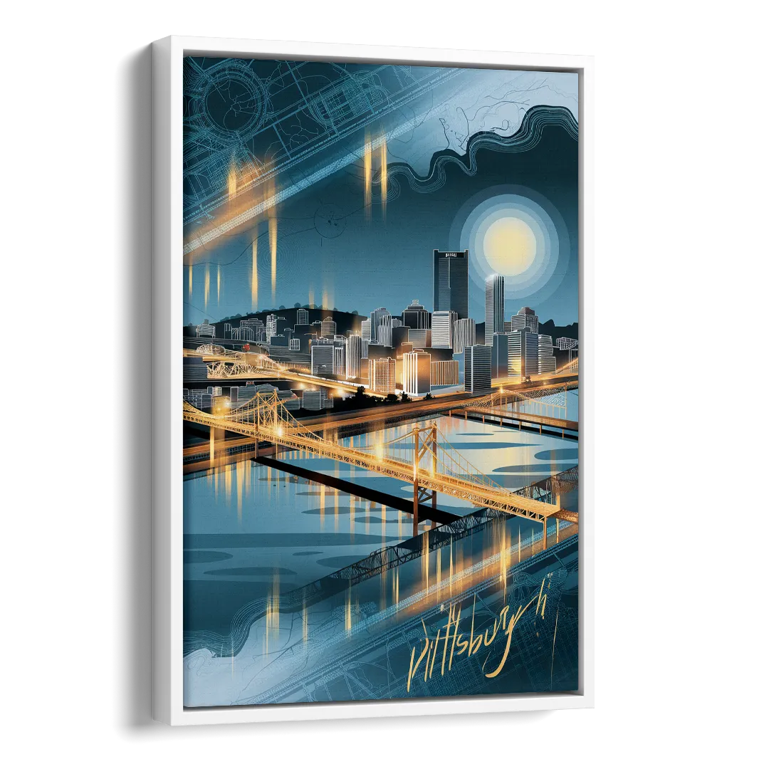 Pittsburgh Skyline and Map Side - White Canvas Wall Art