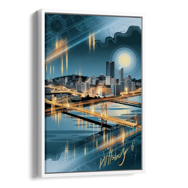 Pittsburgh Skyline and Map Side - White Canvas Wall Art