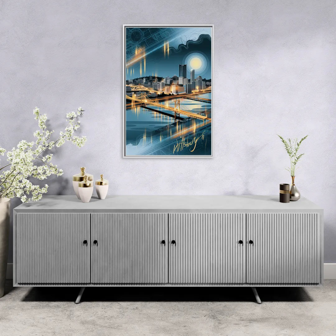 Pittsburgh Skyline and Map - Living Room White Frame Canvas