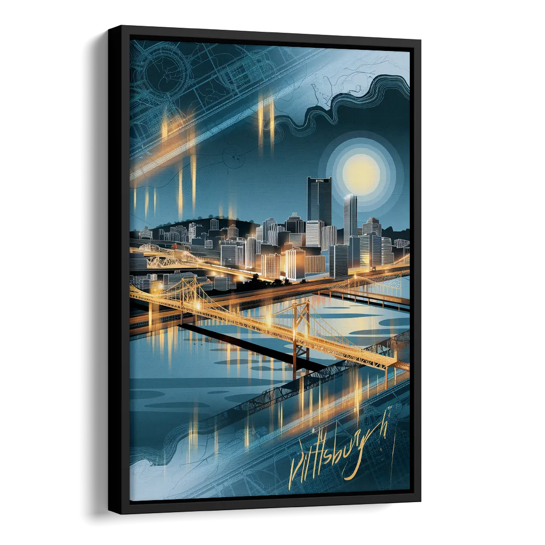 Pittsburgh Skyline and Map Side - Black Canvas Wall Art