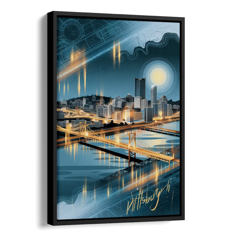 Pittsburgh Skyline and Map Side - Black Canvas Wall Art