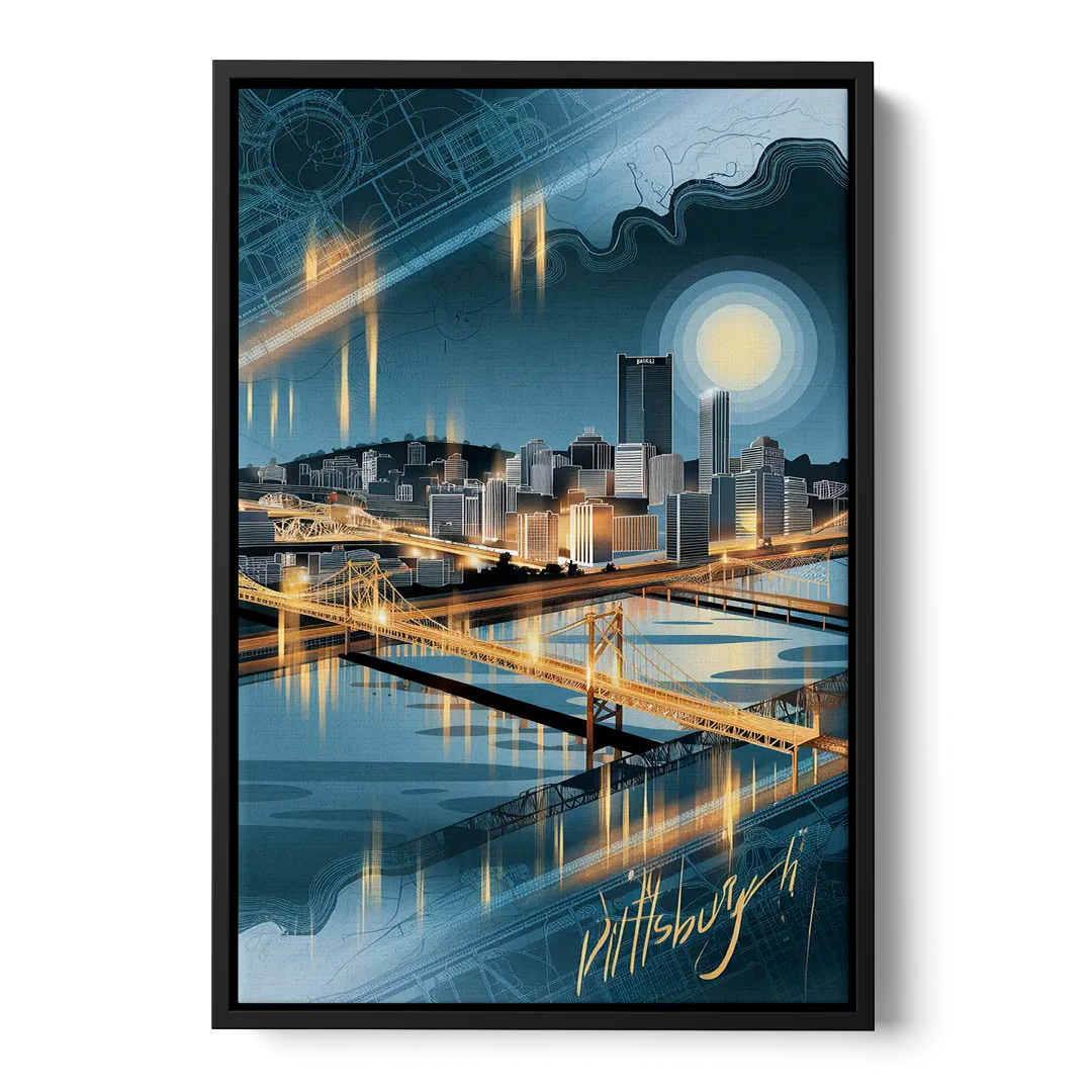 Pittsburgh Skyline and Map Front - Black Canvas Wall Art